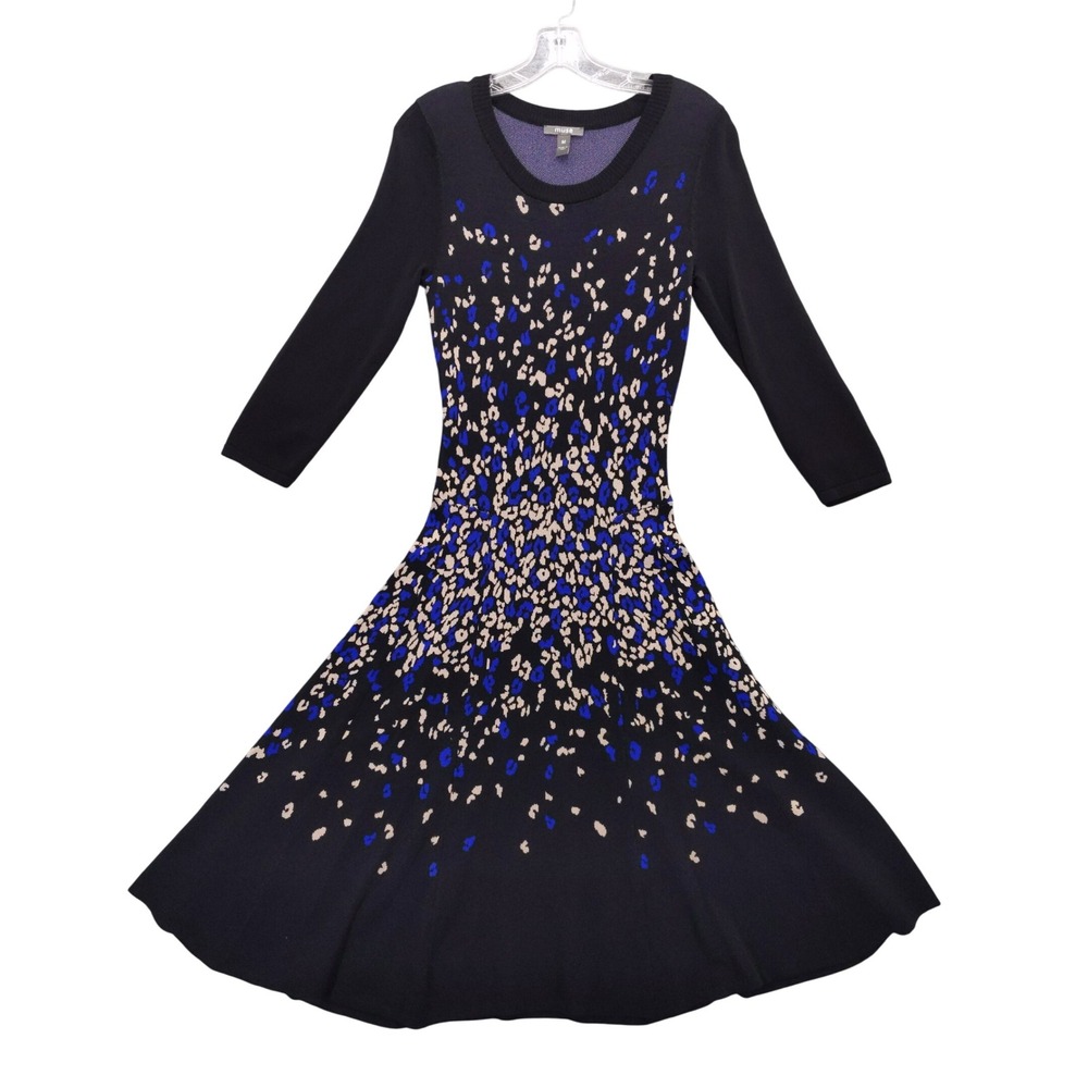 Muse Knit Fit & Flare Dress Blue Black Pattern‎ Long Sleeve  Medium